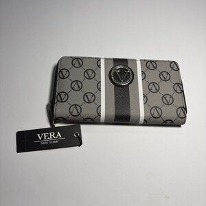 Vera New York Signature Zip Around Wallet Gray Black Stripe Designer Long 8X4